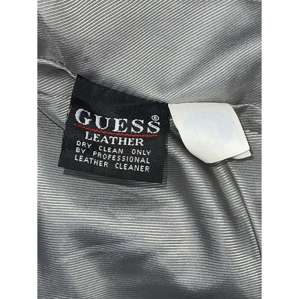 Vtg Y2K Guess Leather Bomber Jacket Womens LG Black Full Zip Biker 90s Grunge - Picture 11 of 12